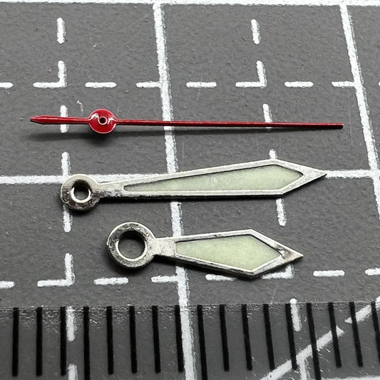 Set of 12mm silver-trimmed green lume arrow watch hands for Miyota 1M12.