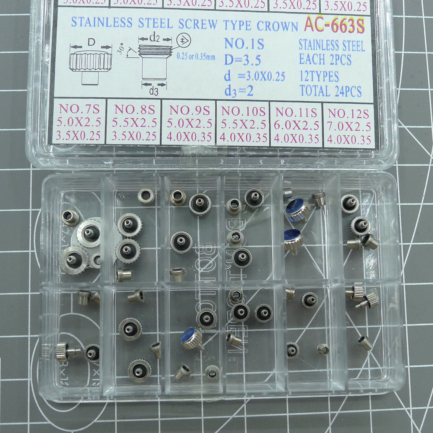 Set of 24 AC-663S stainless steel screw type crowns for precise watch repairs. Durable and reliable.