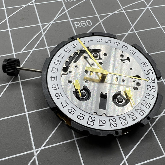 ETA G10.212 quartz watch movement with 3 hands and date display at 4:30, high precision by ETA.