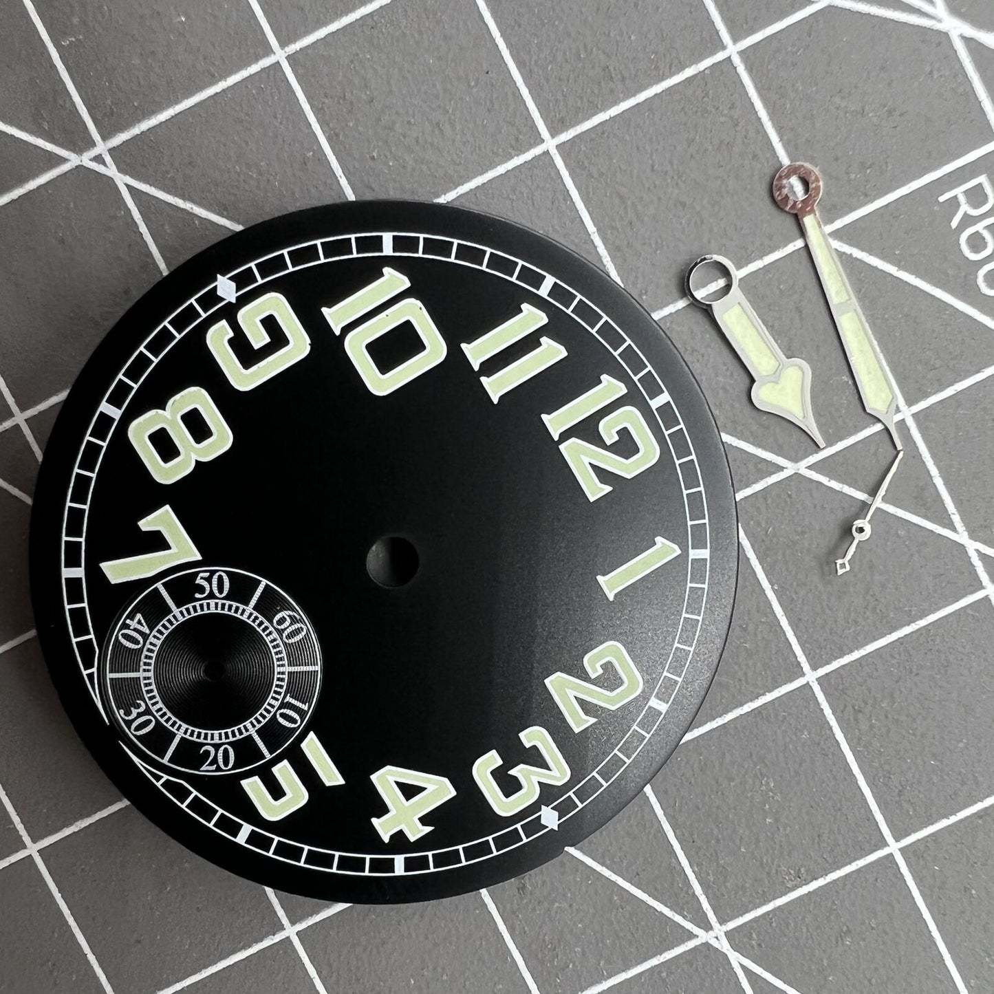 35mm black pilot watch dial with green luminous hands for ETA6498 men's watch, perfect for aviation enthusiasts.