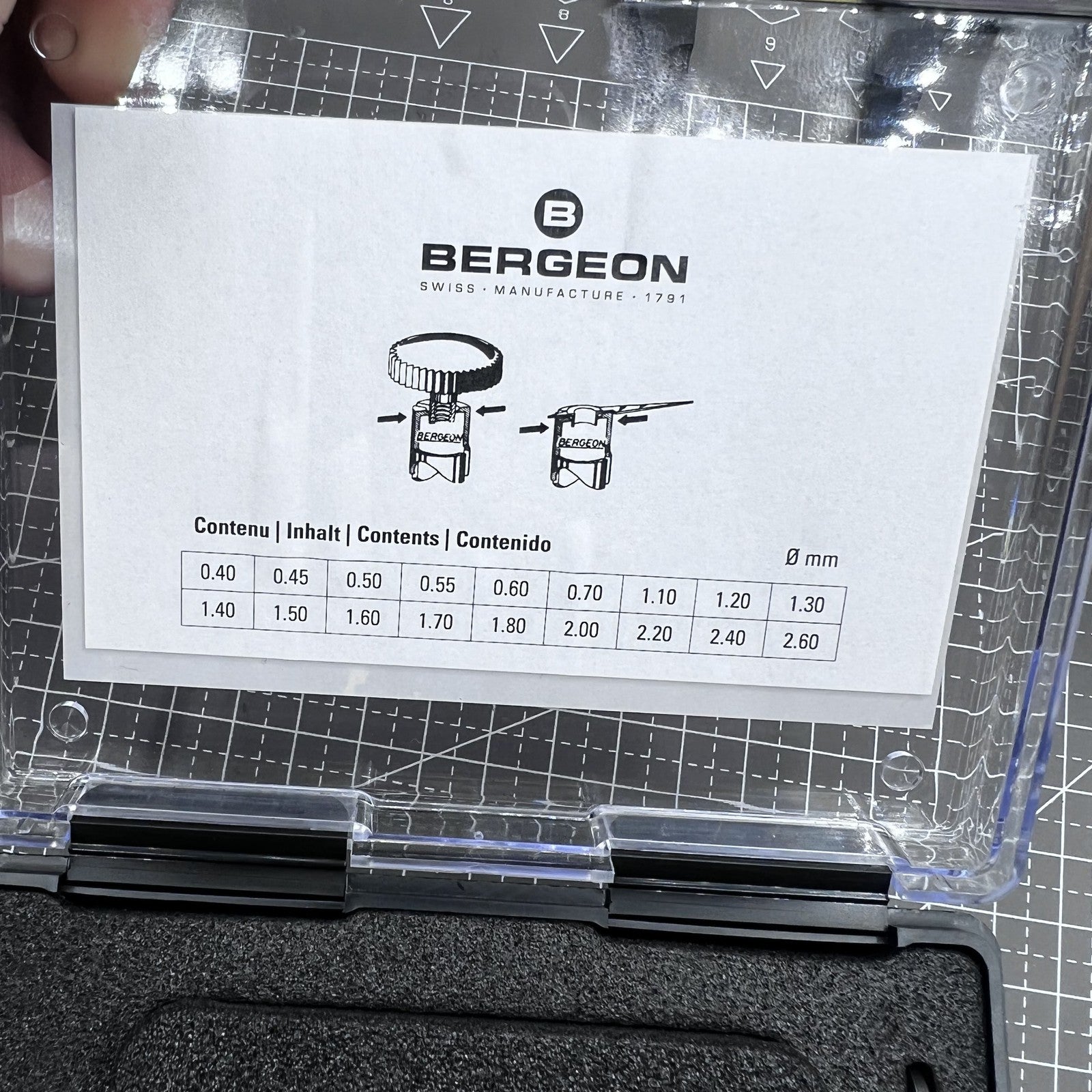 Swiss Bergeon 3010 watch crown, case, and hand tube tightener tool for precise watch repair tasks