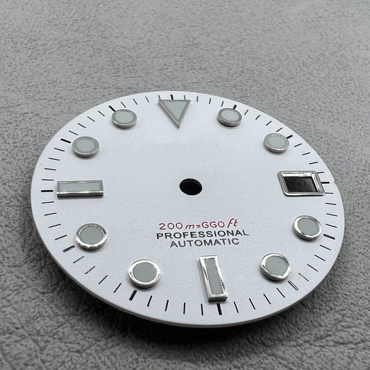 Silver trim nail watch dial with green lume, compatible with NH35/NH36 movement, ideal for watch repair and customization.