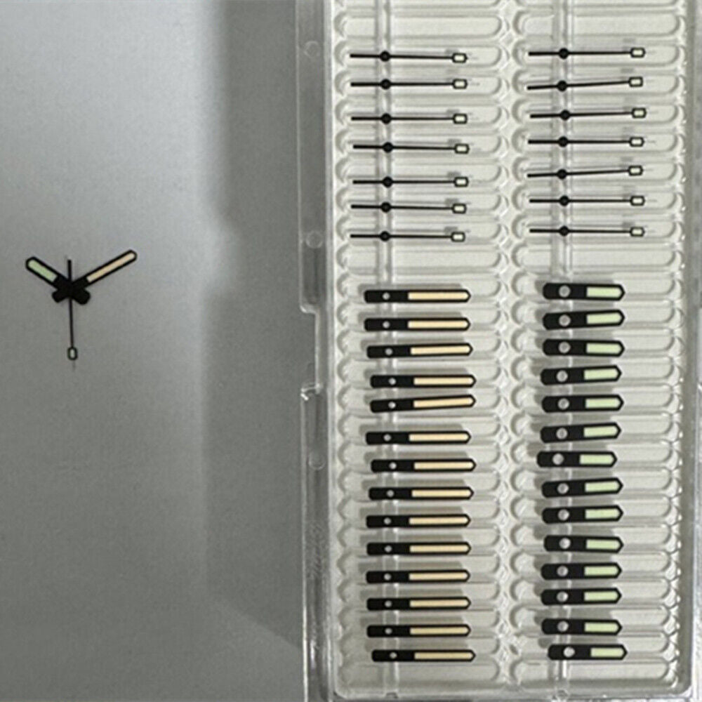 Black matte watch hands with green and orange lume for SKX007 and SPR777, compatible with NH35A/NH36.