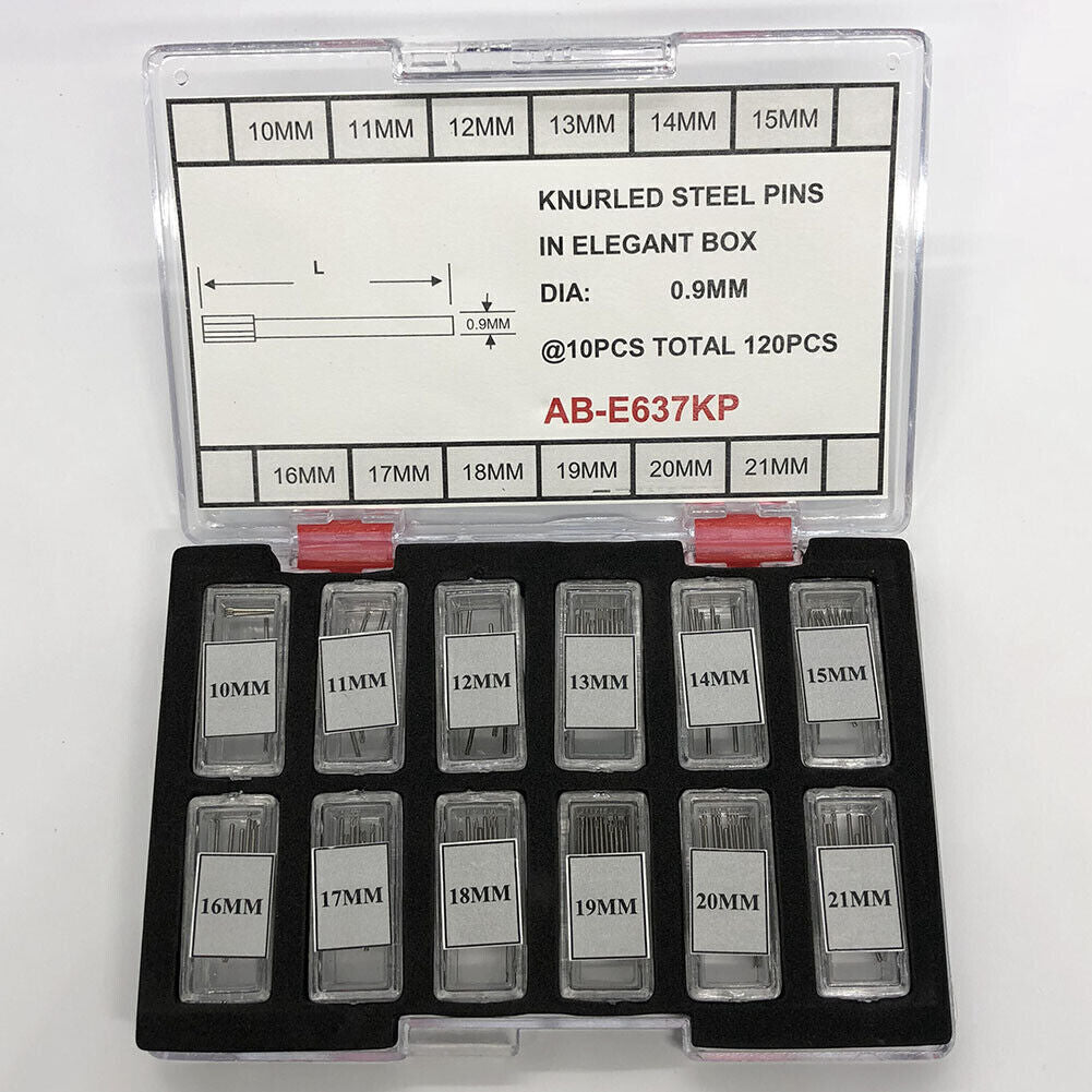 Goupilles moletées en acier dans une élégante boîte, dimensions de 10 à 21 mm, diamètre : 0,9 mm, 120 pièces/boîte