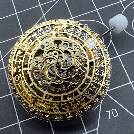 HZ27AOB golden hollow calendar watch showcasing automatic mechanical movement, elegant design.