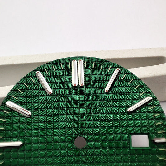Green lume silver trim nail watch dial with green check pattern, compatible with NH35 movement.