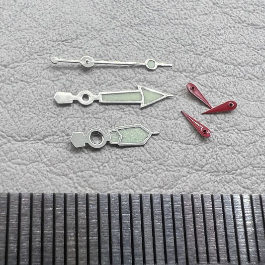 Set of 10mm silver trim green luminous red second hands for Miyota 0S60 watches, brand quality.