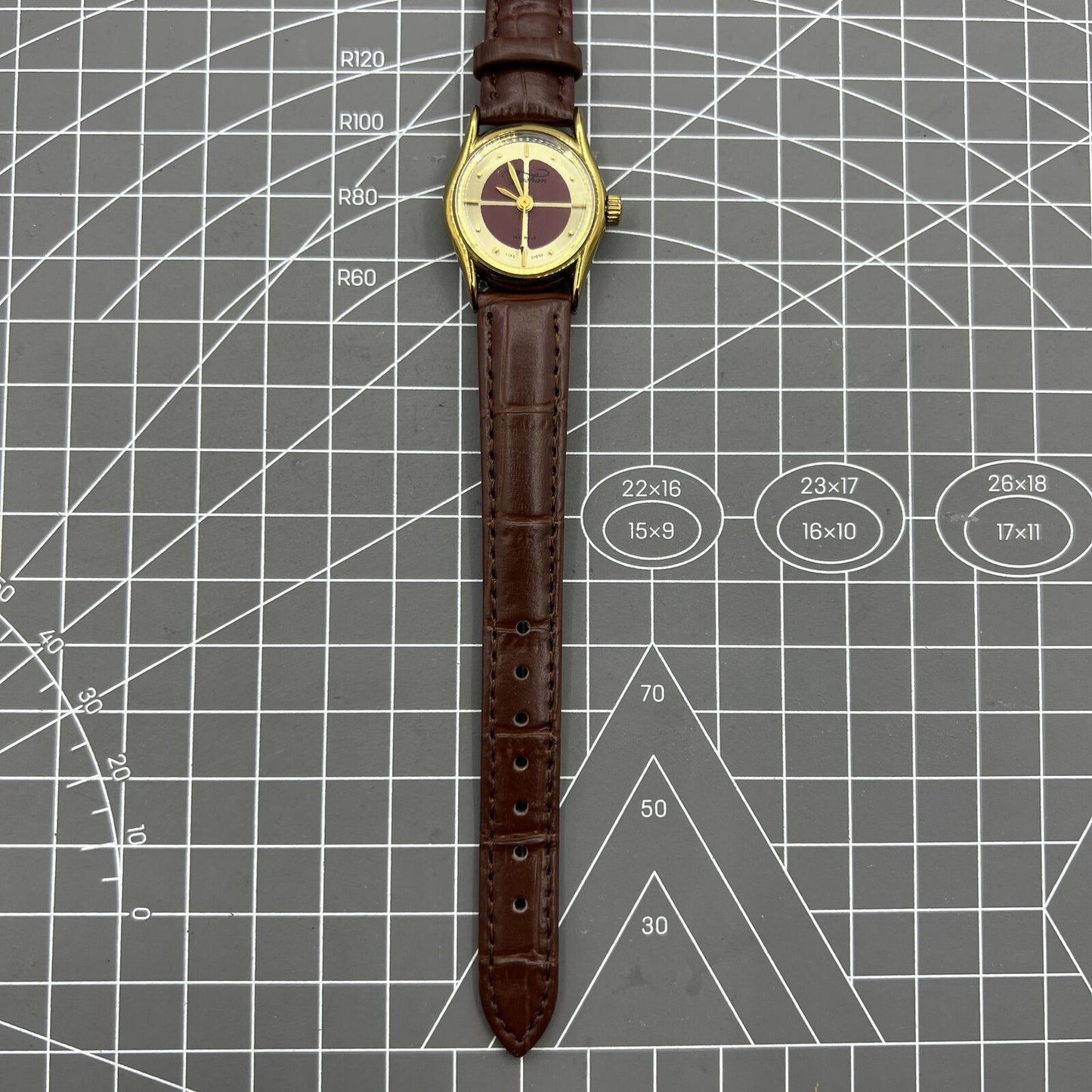Elegant 26mm Liaocheng TAISHAN lady watch with brown leather strap, 19 jewels, and golden nail markers.