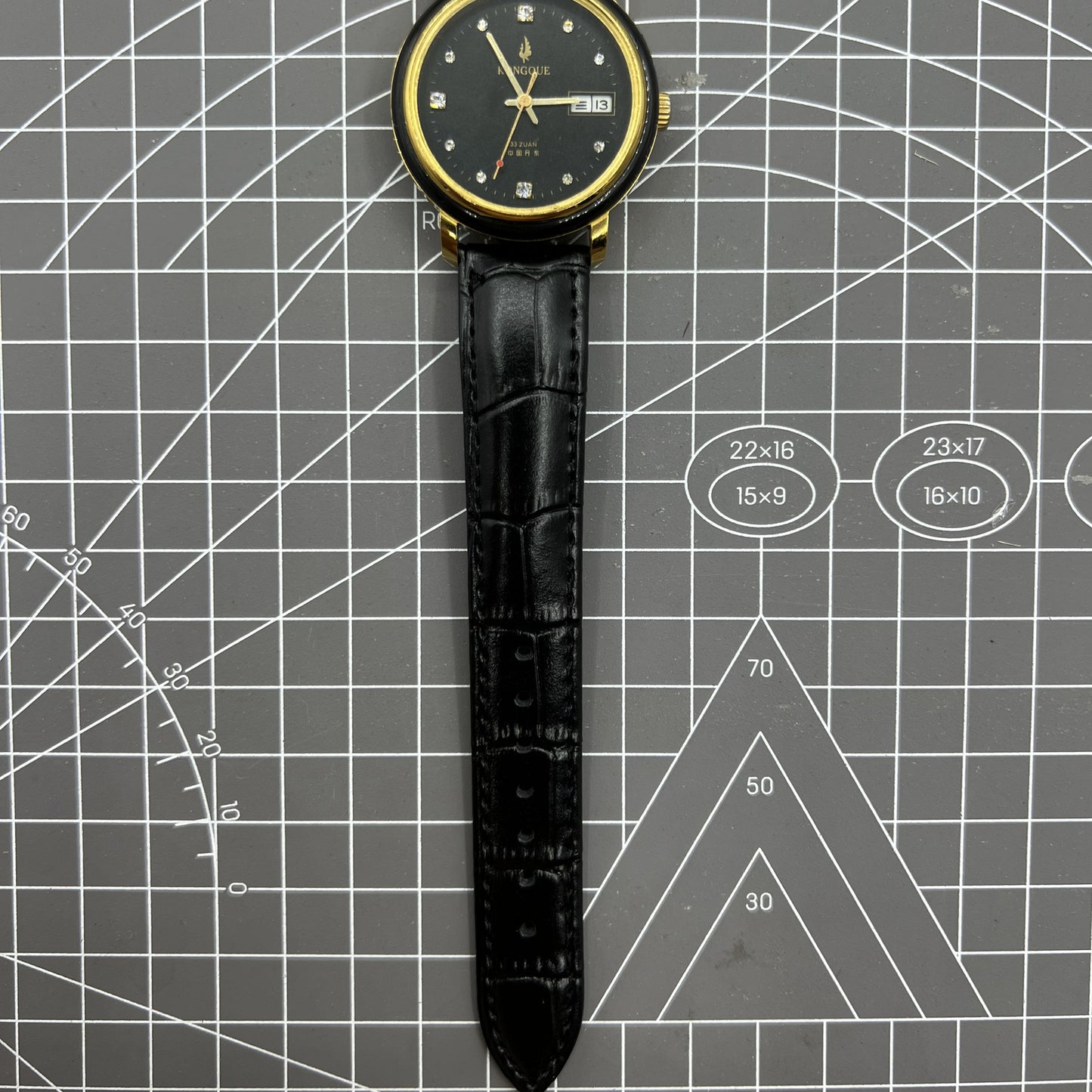 37mm Kongque automatic watch with black dial, double calendar, 33 jewels, and mechanical movement for elegant timekeeping.