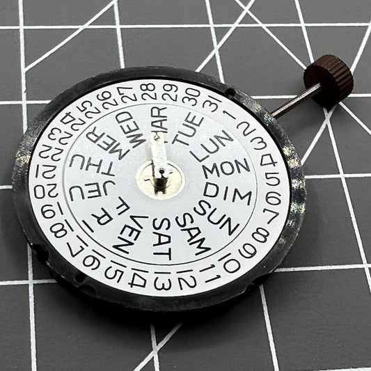Ronda 517 Swiss Made quartz watch movement with date display at 3 o'clock for precise timekeeping.