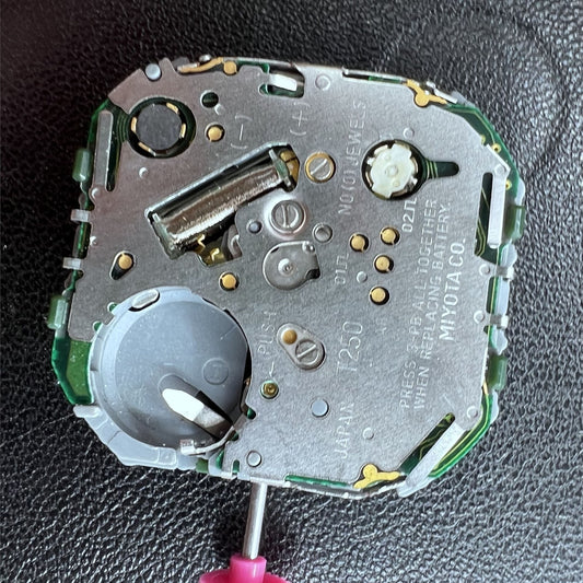 Japan Miyota T250 quartz watch movement with 3 hands and date display, precise timekeeping by Miyota.