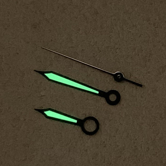 Green luminous sharp end blue and black watch hands set by B41 for NH35A/NH36 movement with precise design.
