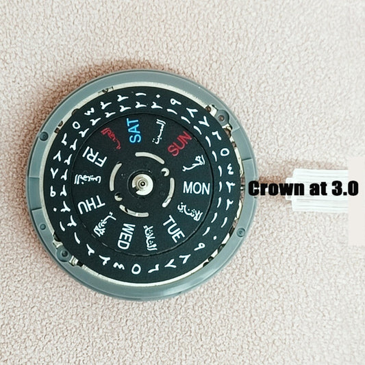 Black NH36 Arabian date and week dial watch with crown at 3 o'clock, automatic mechanical movement.