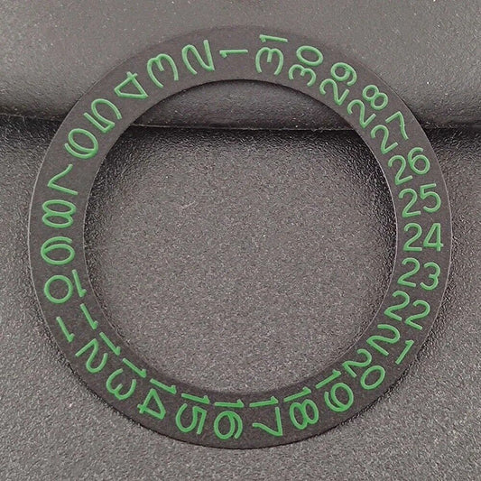 Green date disk overlay for NH35 NH36 watch movements, enhancing visibility and style on black background.