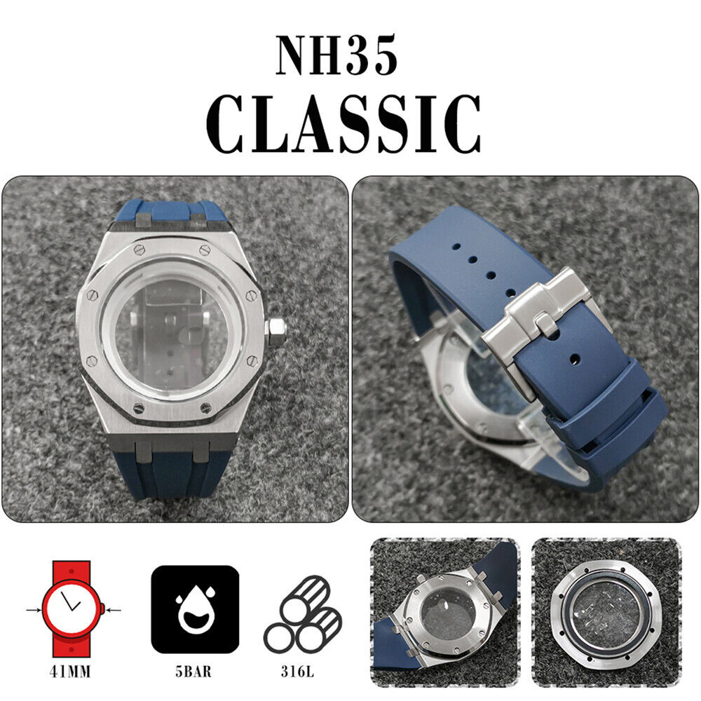 Boîtier de montre en verre saphir 41 mm + bracelet pour montre NH35/NH36 avec bracelet en caoutchouc