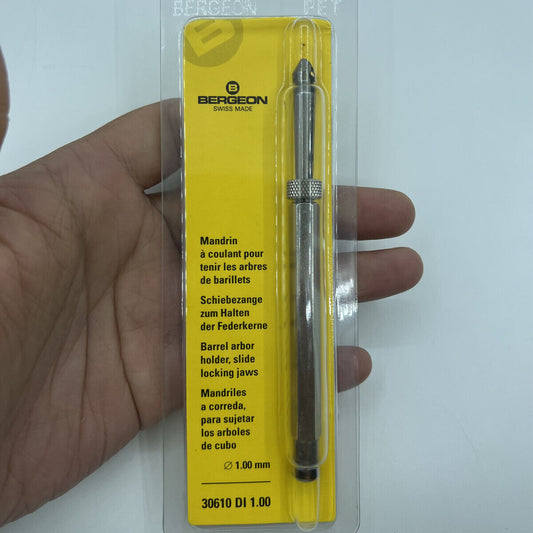 Bergeon 30610 barrel arbor holder for watch repair, fits 0.90-1.75mm barrels, precision tool.