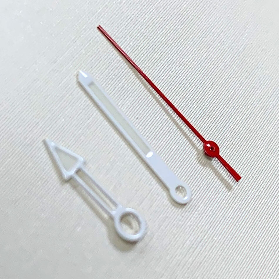 White and red hollow watch hands set for NH35/NH36 movement, precise and stylish accessory.