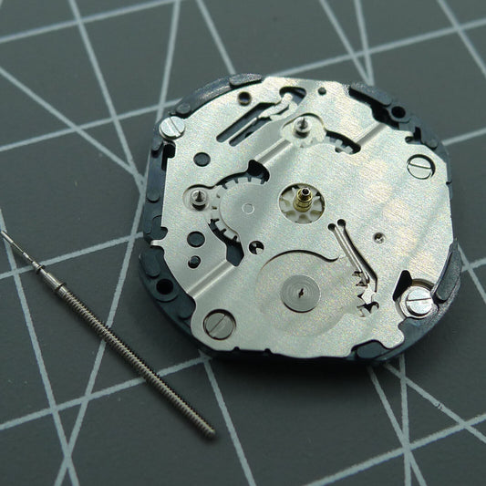 Japan Made Hattori Epson VX3NE quartz movement close-up, precise watch mechanism by Hattori Epson.