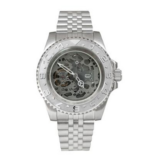 NH70 40mm stainless steel watch case with sapphire glass, hollow dial, and luminous hands for clear time reading.