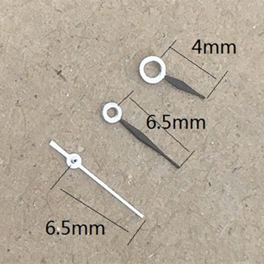 Polished black tip watch hands 6.5mm for Miyota 1L12 quartz, no lume, sleek design.