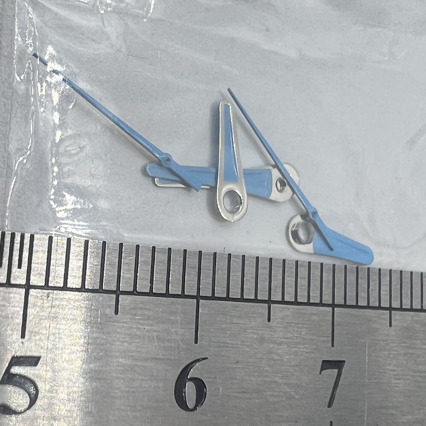Blue painted watch hands set by #1520 for Miyota 2035 movement, sizes 13mm, 11mm, and 9mm.