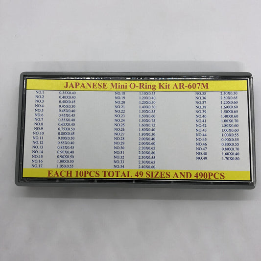 AR-607M Japanese mini O-ring kit with 490pcs in 49 sizes, perfect for watch accessory repairs.
