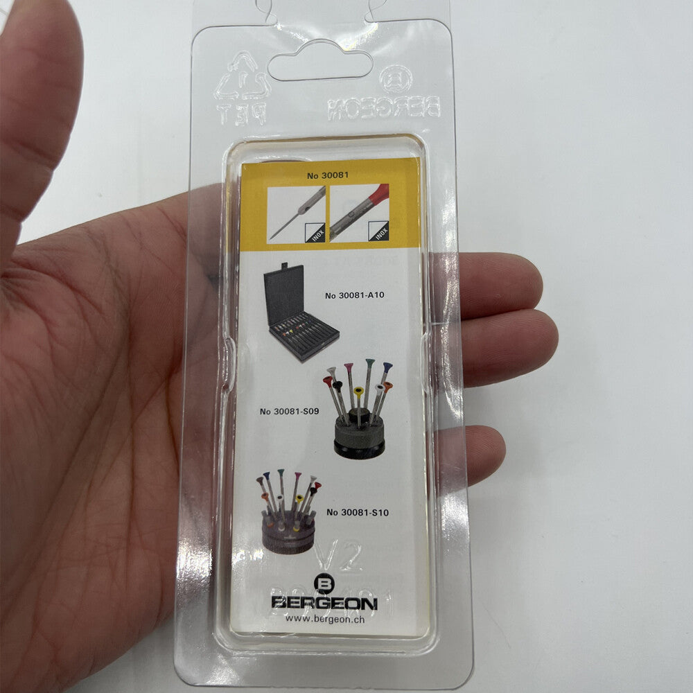 Bergeon 0.50mm ergonomic screwdriver for watch repair, includes spare blades for precision tasks.