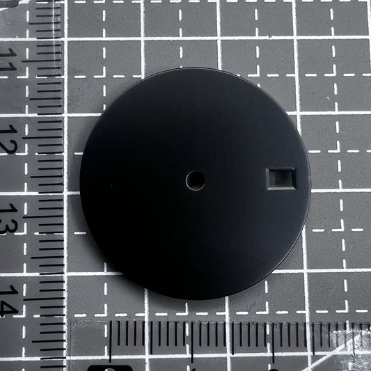 28.5mm black watch dial with single calendar, no lume, compatible with NH35/NH36 movement.