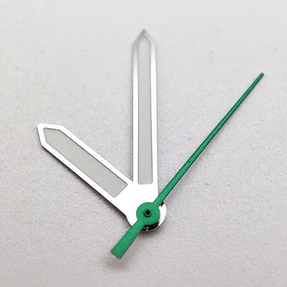 Silver-trimmed green luminous watch hands for NH35A/NH36A/4R36 movements, ensuring precise timekeeping by Seiko-compatible brand.
