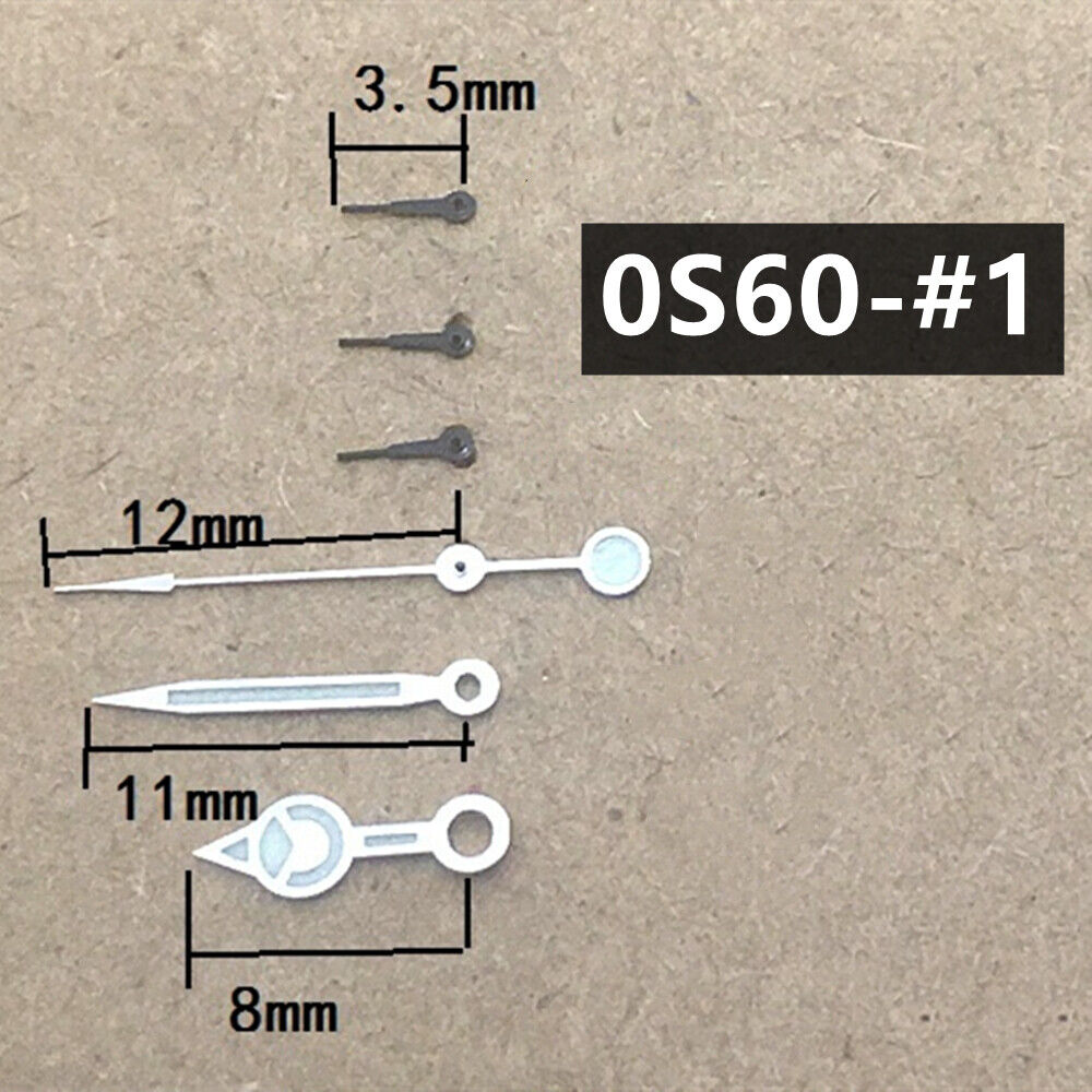 Black 12mm watch hands with silver trim and green luminous finish for Miyota 0S60.