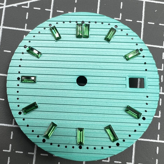 29.8mm light green watch dial with imitation gemstone for NH35 movement, stylish accessory.