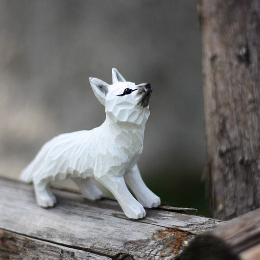 Handmade Head Up White Fox wooden figurine, perfect decorative collectible for home or office shelves.