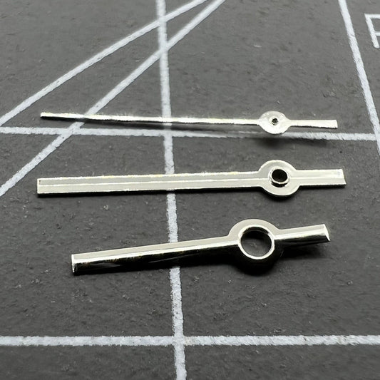 Silver watch hands set for Miyota 2035 quartz movement, sleek design by P1-H2-C18 for precise timekeeping.