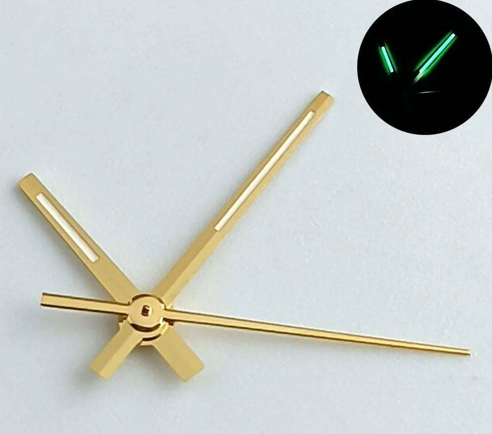 Green lume watch hands with matte gold trim for NH35, NH36, 7S26, NH70, NH72 movements.