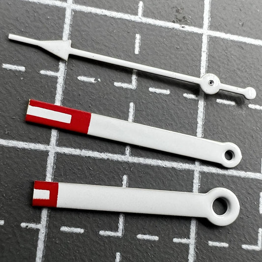 Red arrow-shaped watch hands for Miyota 2035 quartz movement, precise fit, P1-H3-C35 design.