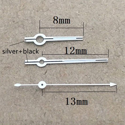 Black 13mm watch hands with silver trim, compatible with Seagull ST6 automatic mechanical movement.