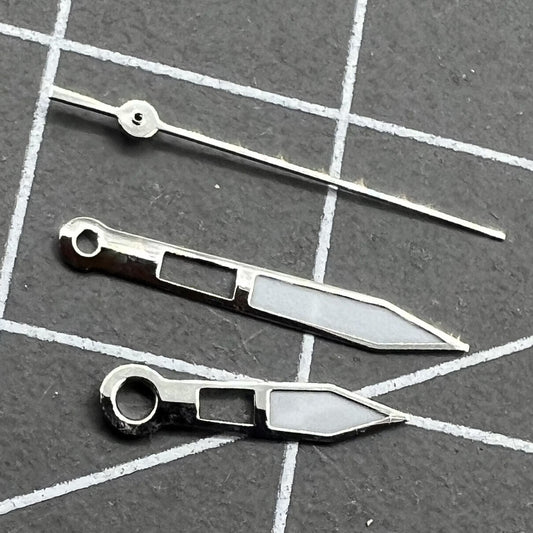 13mm silver trim watch hands with green lume for Miyota 2315-2305 models, enhancing visibility and style by BrandName.