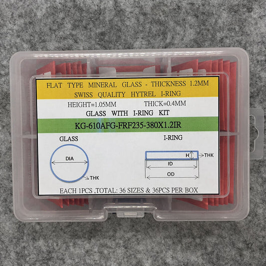 KG-610AFG watch glass kit with 36pcs 1.2mm crystals and I-Ring for precise replacement