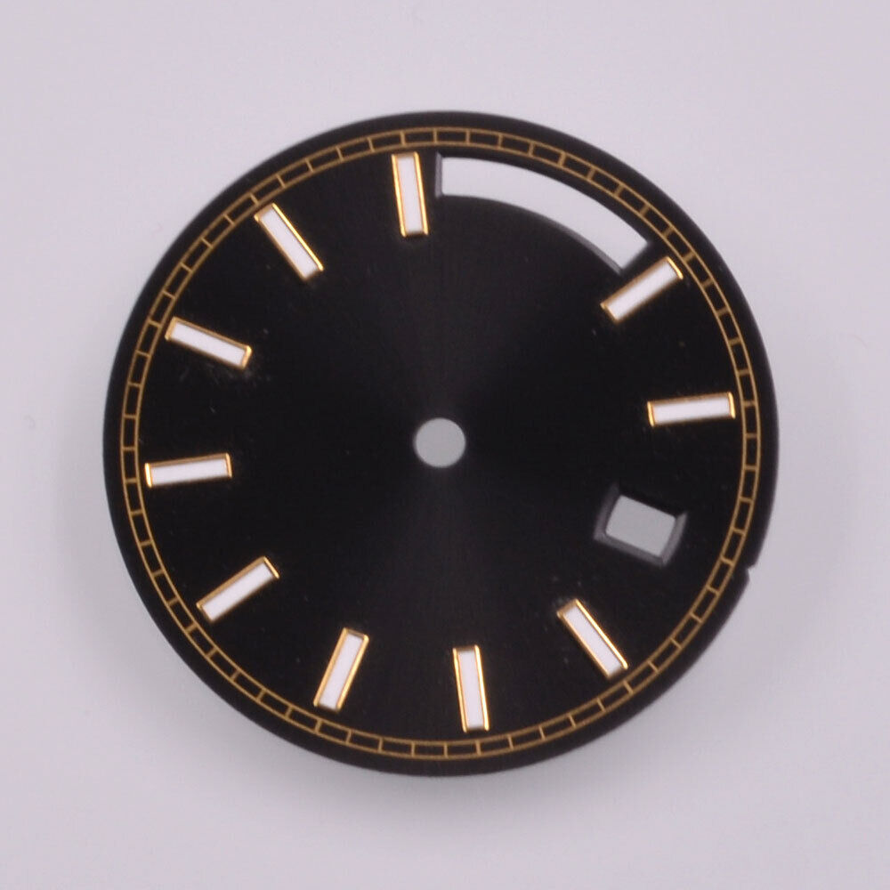 Green lume black watch dial with golden trim, 28.5mm for Seagull ST1644 movement, stylish accessory.