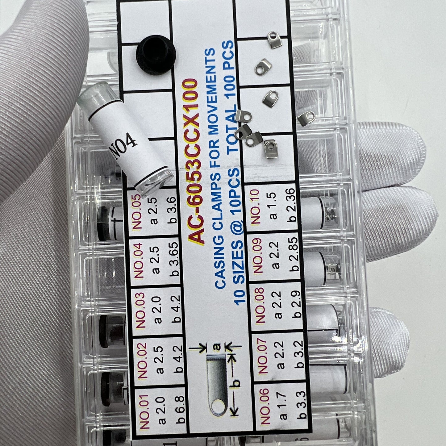 Gehäuseklammern für Uhrwerke, 10 Größen à 10 Stück, insgesamt 100 Stück/Box