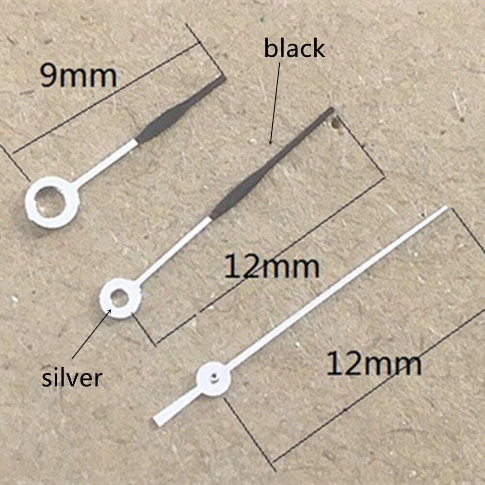 Aiguilles de montre 12 mm en forme de flèche argentée et noire, sans luminescence, pour mouvement Miyota 1M12