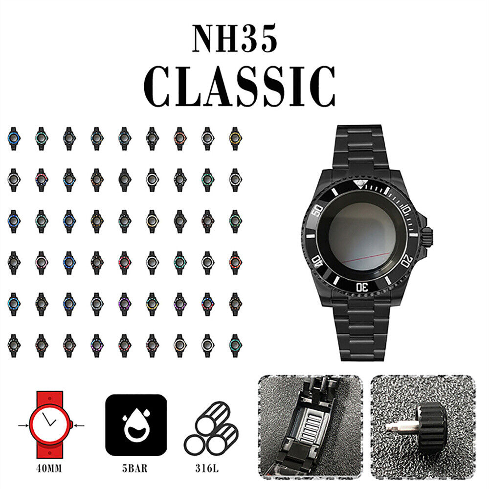 Boîtier de montre 40 mm avec bracelet en acier inoxydable noir PVD et verre saphir pour NH35/NH36