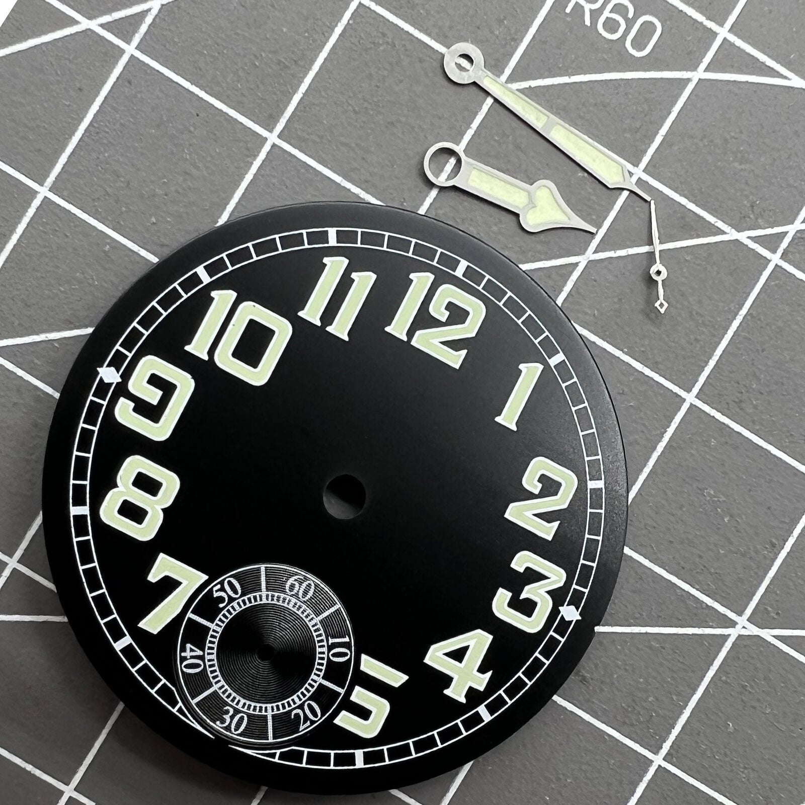 35mm black pilot watch dial with green luminous hands for ETA6498 men's watch.