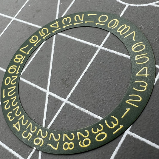 Dark hunter green date wheel with peach yellow font, compatible with Miyota NH35 NH36 movements, watch accessory.