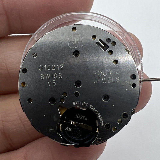 ETA G10.212 quartz watch movement with 3 hands and date feature for precise timekeeping.