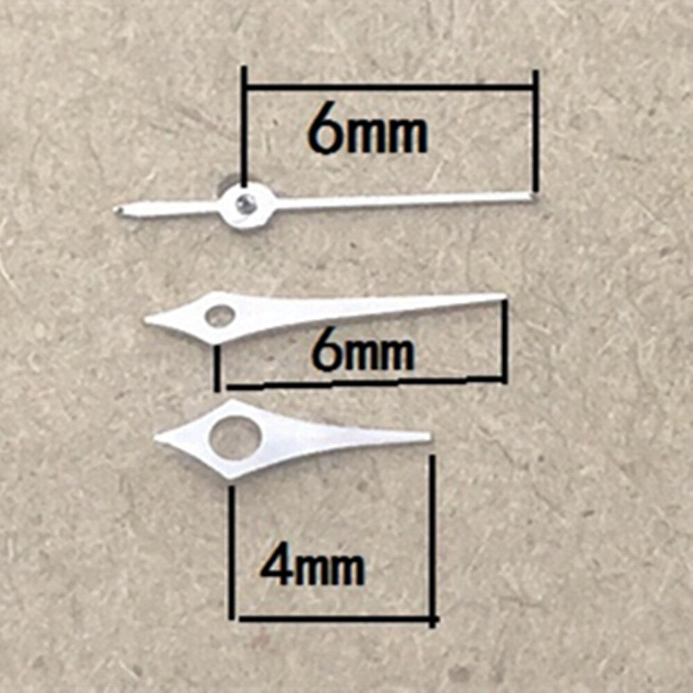 Silver polished 4-6mm watch hands by Hattori for Epson VX12 quartz movement, precise time accessory.