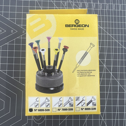 Bergeon 6899-S09 Swiss Made stainless steel 9-piece ergonomic screwdriver set for watch repair.