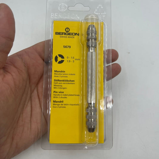 Swiss Bergeon 5679 Pin Vice watchmaker tool with adjustable openings 0-1.5mm and 1.9-3mm for precise watch repairs.