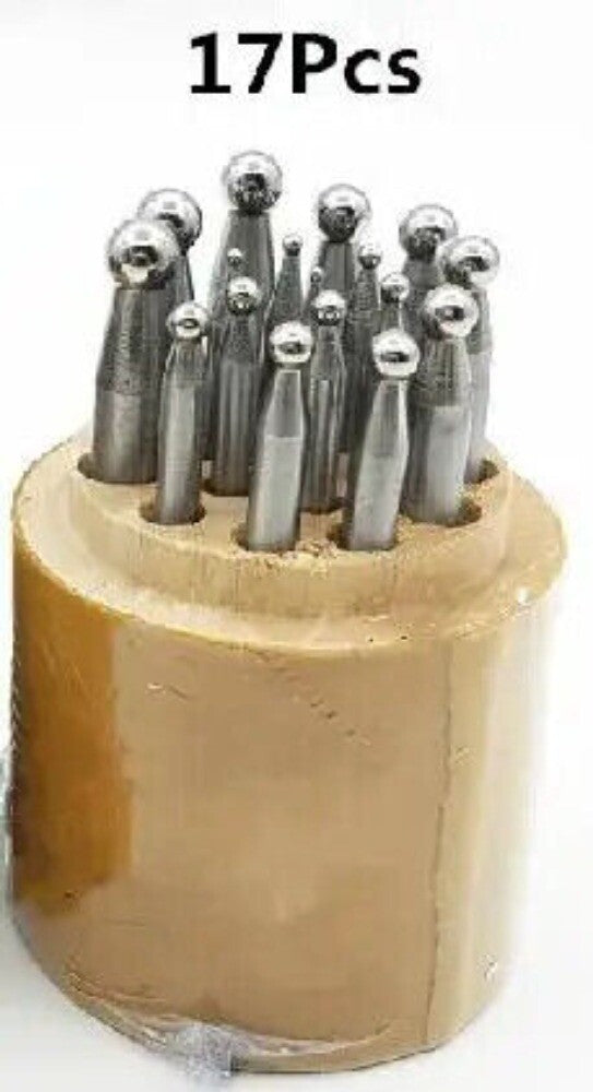 Shaping dapping punch set with wooden stand for jewelers, precision metal shaping tools.