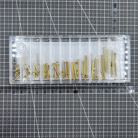 1. 5mm gold T-bar watch screws assortment kit with 11 sizes, 55 pieces from Brass, ideal for watch repair.